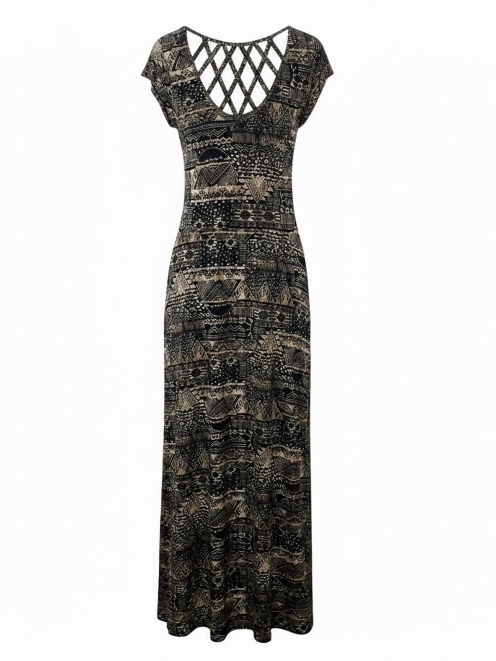 Bobeau Geometric Tribal Print Lattice Back Maxi Dress Large - Picture 1 of 6